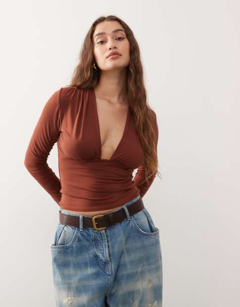 Weekday deep halter neck long sleeve top in rustic red - exclusive to ASOS - view 1