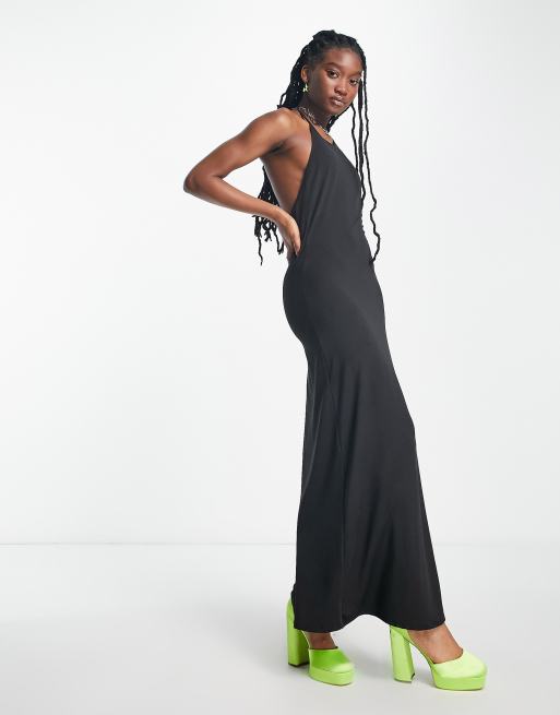 Deep Black Drape Backless Halter Neck Long Top