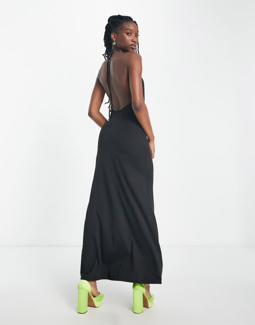 Deep Black Drape Backless Halter Neck Long Top