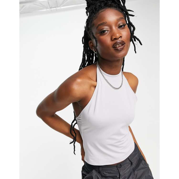 Weekday Deep low back halter neck top in light gray