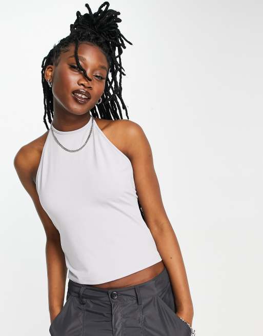 Weekday Deep low back halter neck top in light gray