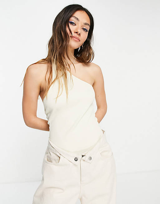 Weekday Deep cotton  one shoulder body with cut out back in beige - BEIGE