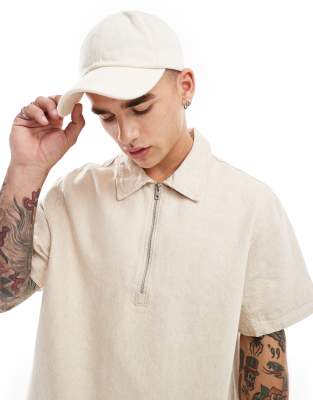 Dejan heavyweight linen mix short sleeve polo zip shirt in beige-Neutral