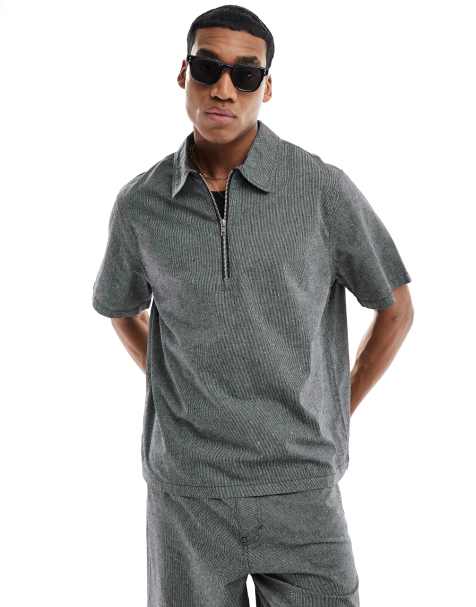 Weekday Dejan relaxed fit short sleeve polo zip shirt in black and white (part of a set) - view 1