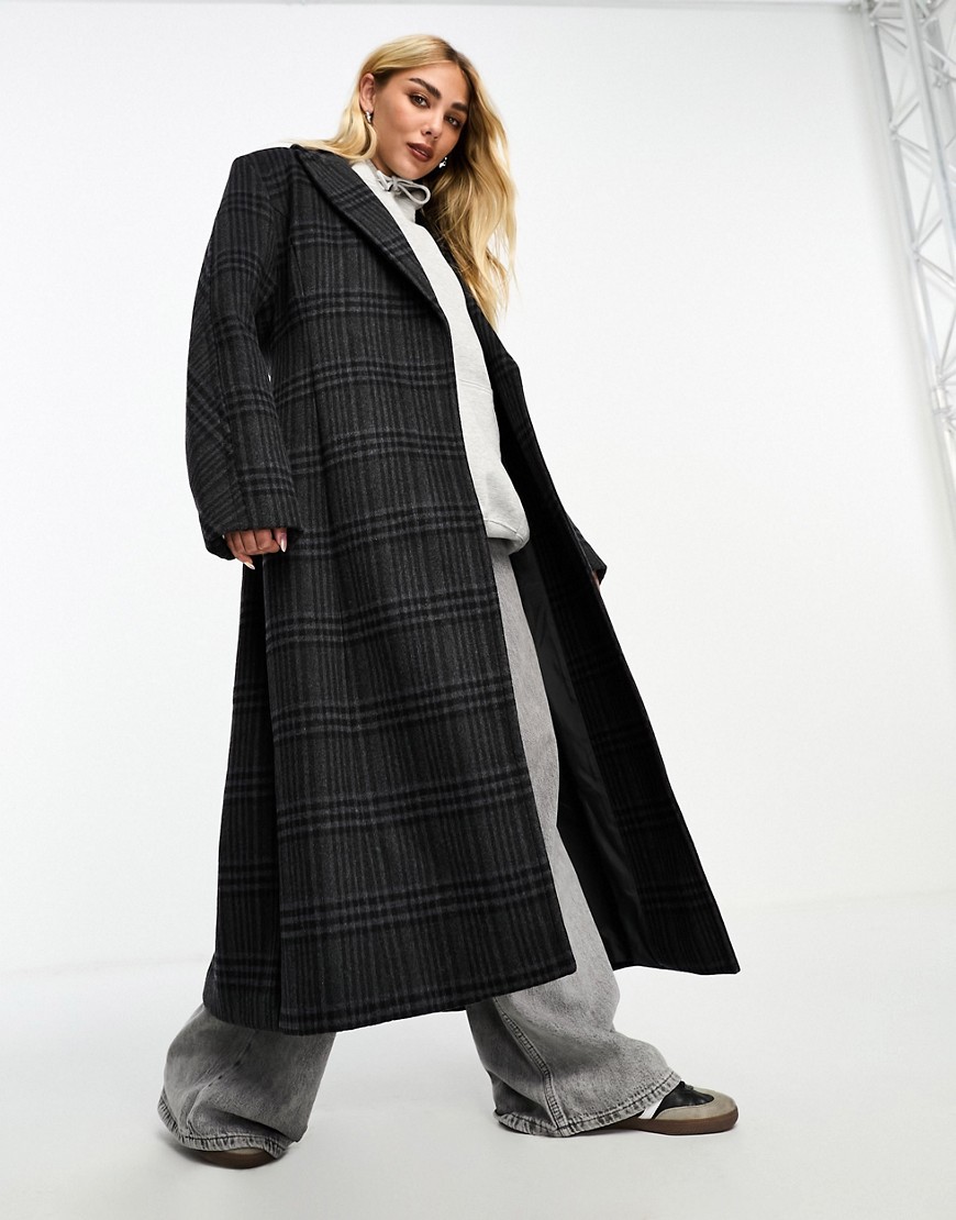 Weekday Delila wool blend sleek structured coat in dark grey check
