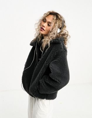 Weekday Demi borg jacket with zip front in dark grey - ASOS Price Checker