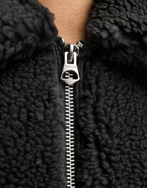 Weekday Demi borg jacket with zip front in dark grey ASOS