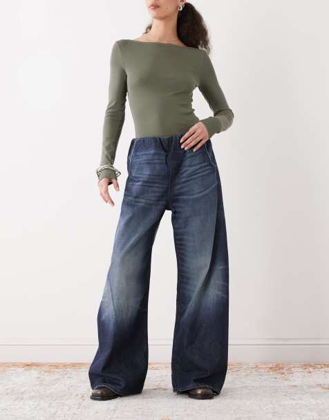 Weekday denim wide leg joggers without waistband in mid blue - view 1