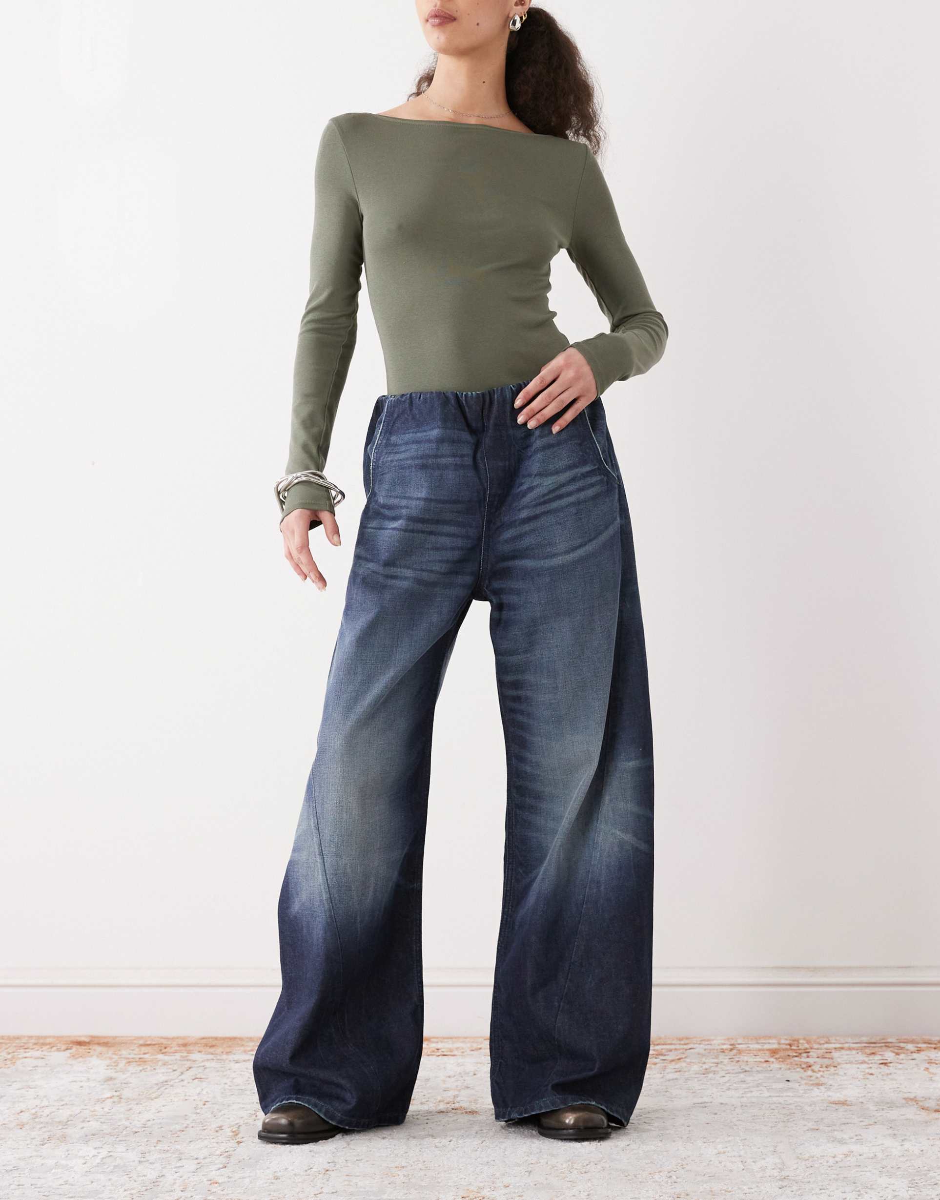 weekday denim wide leg sweatpants without waistband in mid blue