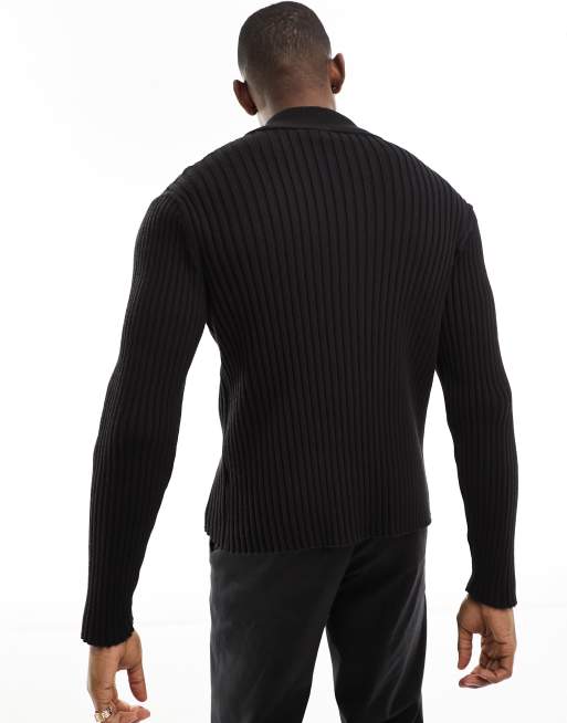 Weekday Derek slim fit zip through rib cardigan in black, 4 of 4