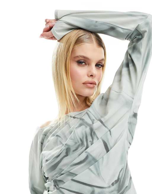 Weekday - Derya - Blouse drapée avec dos ouvert et motif imprimé - Gris, 3 de 4
