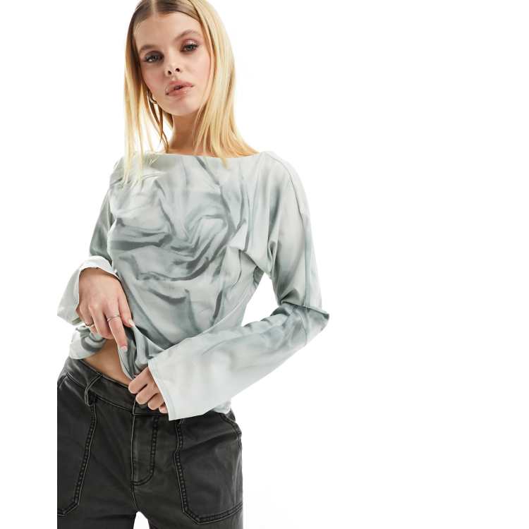 Weekday Derya blouse with drape open back in gray print | ASOS