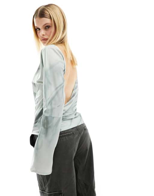 Weekday Derya blouse with drape open back in gray print | ASOS