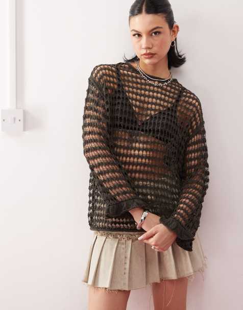Weekday - Diara - Maglione oversize traforato grigio scuro con volant sulle maniche - view 1