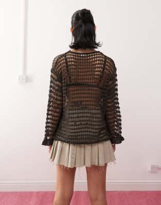 Weekday Diara Oversized Open Knit Sweater With Frill Sleeve Detail In Gray