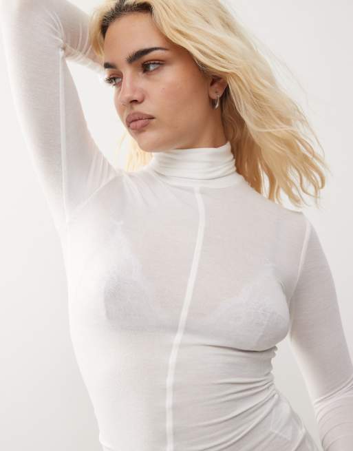Weekday Diba semi sheer long sleeve high neck top with seam detail in off-white