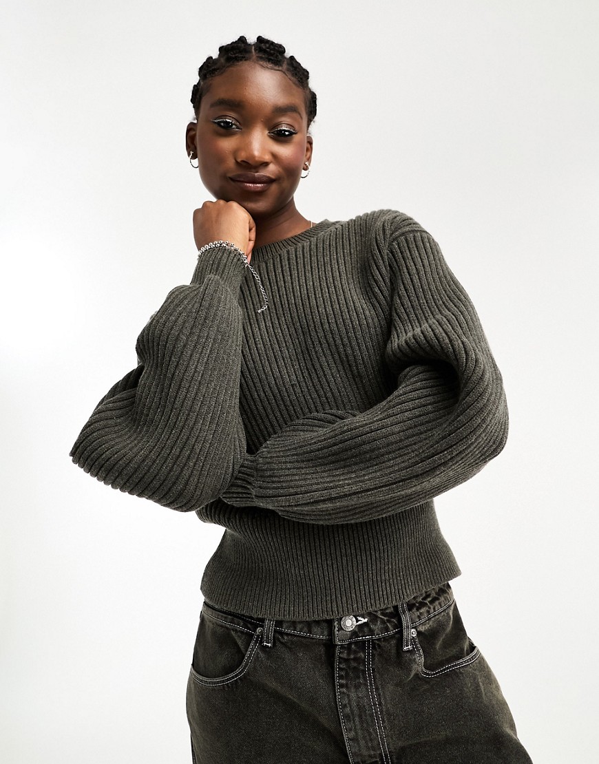Weekday Dion chunky knitted jumper with exaggerated sleeves in dark green melange
