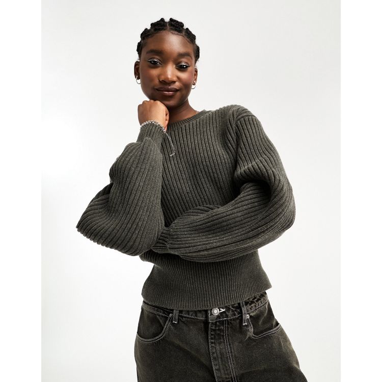 Exaggerated Ribbed High Neck Chunky Knit Crop Sweater in Dark Green