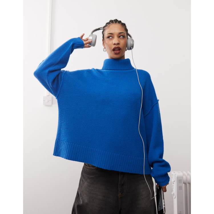 HZSONNE Women's Chunky Knit Turtleneck Sweater - Batwing Sleeve, Oversized Pullover, Blue, Large - View #11
