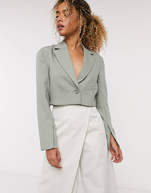 Weekday Dominique cropped blazer in khaki | ASOS