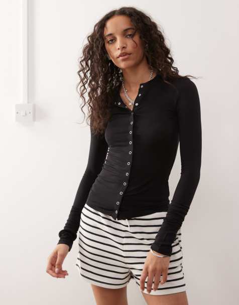 Weekday slim fit button front long sleeve top in black
