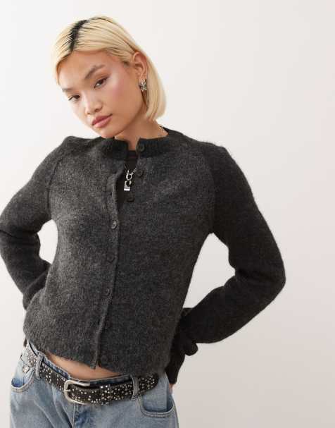 Weekday wool blend fitted cardigan in dark grey and black contrast sleeves
