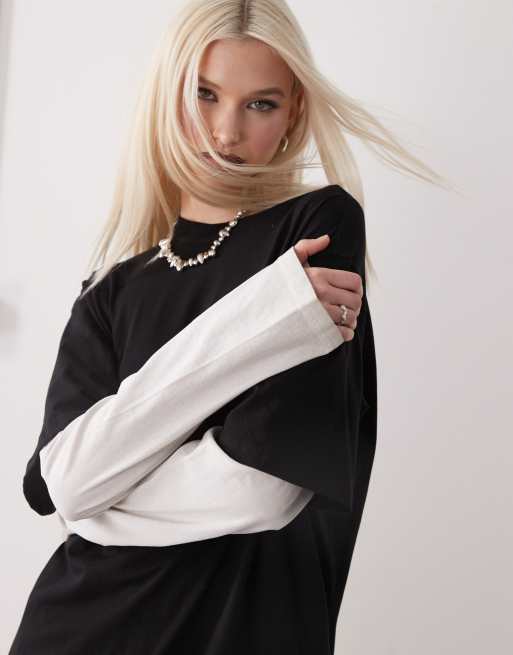 Weekday double layer effect long sleeve top in black & white | ASOS