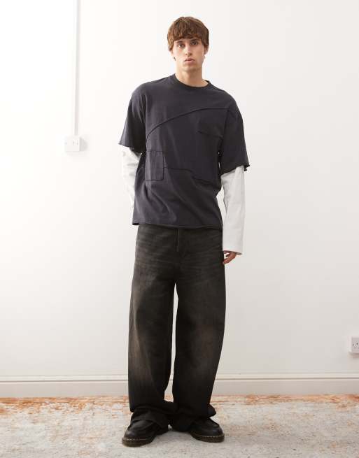 Weekday double layer long sleeve t-shirt with cut & sew detail in dark navy & off-white, 2 of 5