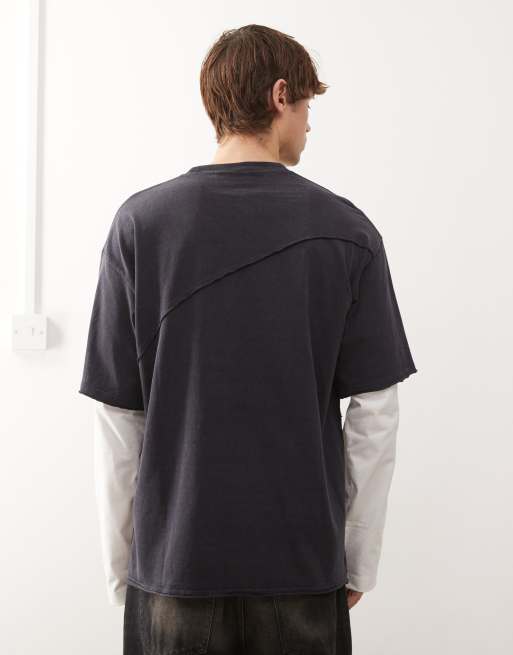 Weekday double layer long sleeve t-shirt with cut & sew detail in dark navy & off-white, 3 of 5