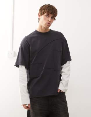 Weekday Double Layer Long Sleeve T-shirt With Cut & Sew Detailing In Blue