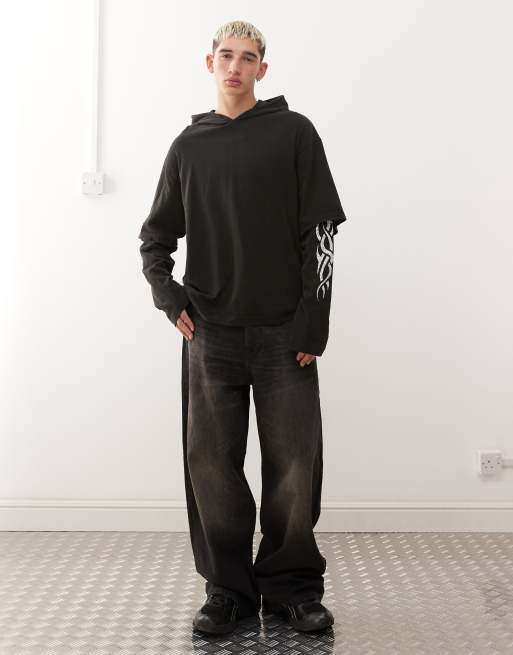 Weekday double layered long sleeve hoodie with graphic print in black, 2 of 5