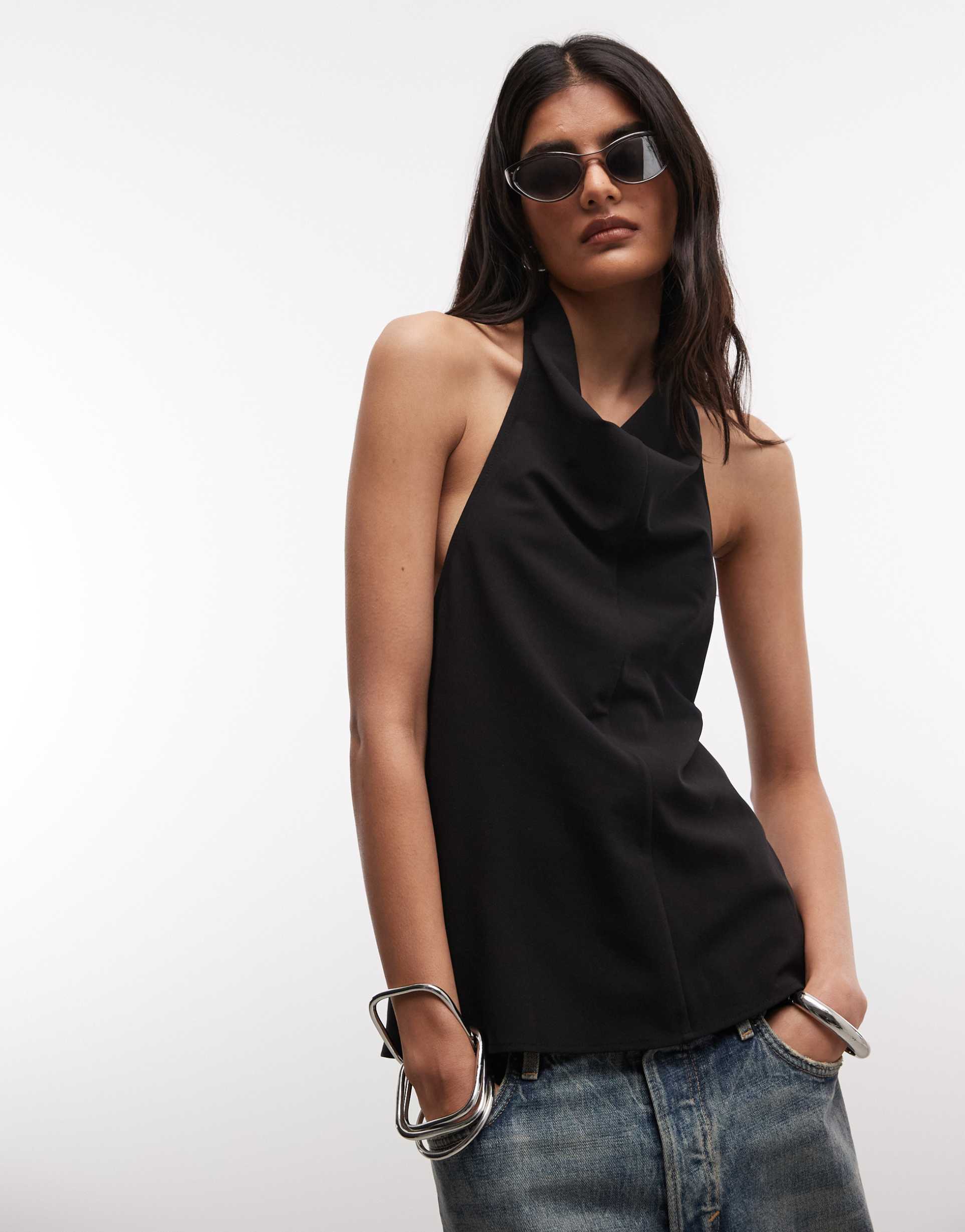weekday drape backless top with metal clasp in black