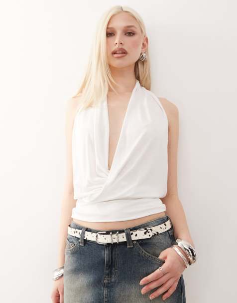 Weekday drape front halter neck top with open back in off-white - view 1