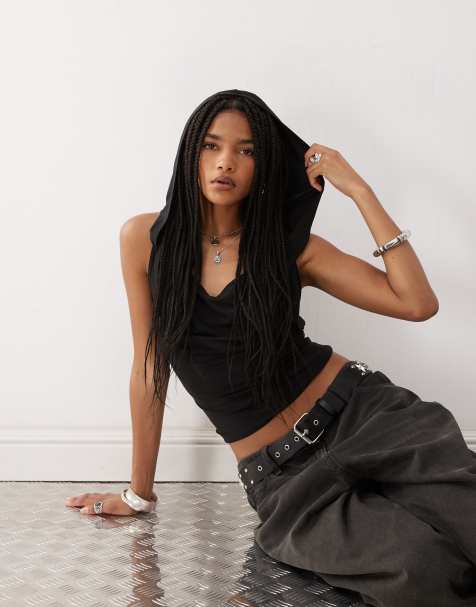 Weekday drape front hooded top in black