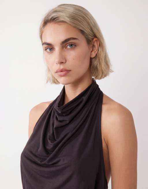 Weekday drape halter neck top with cinch waist detail in dark brown, 4 of 4