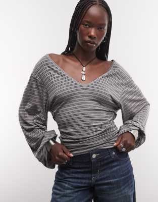 Weekday Drape Plunge Long Sleeve Top With Cinched Waist In Gray