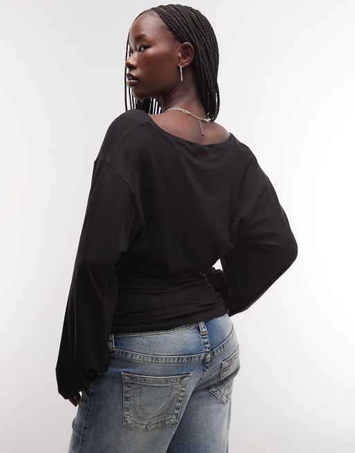 Weekday drape plunge long sleeve top with cinched waist in black, 2 of 4