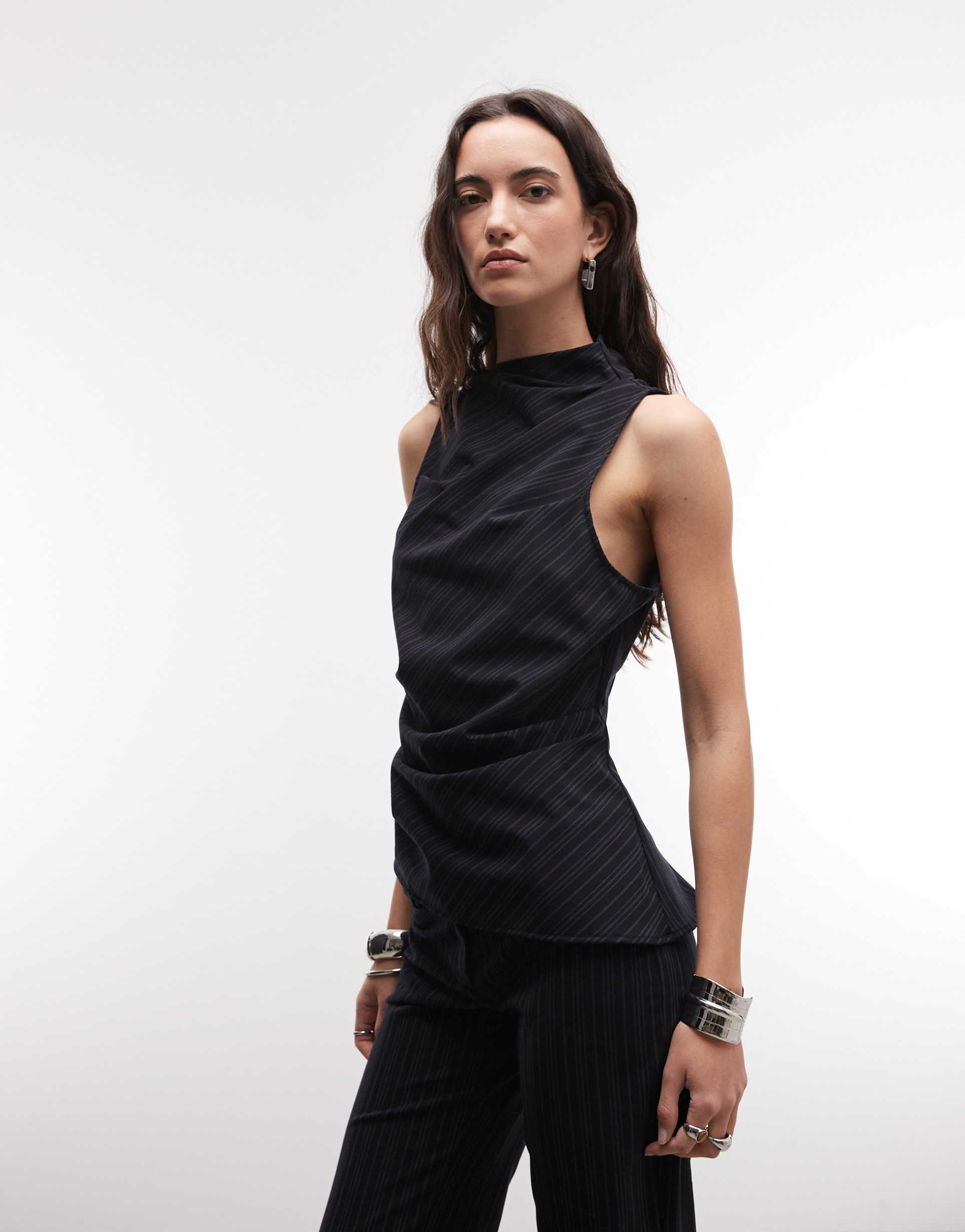 weekday drape suiting top with fitted hem in navy stripe - part of a set