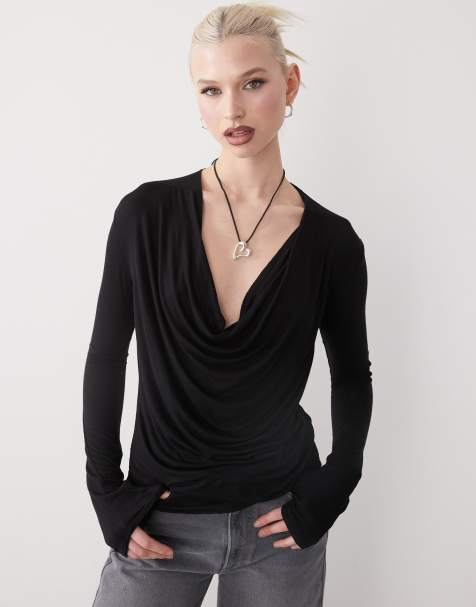 Weekday draped front long sleeve top in black - view 1