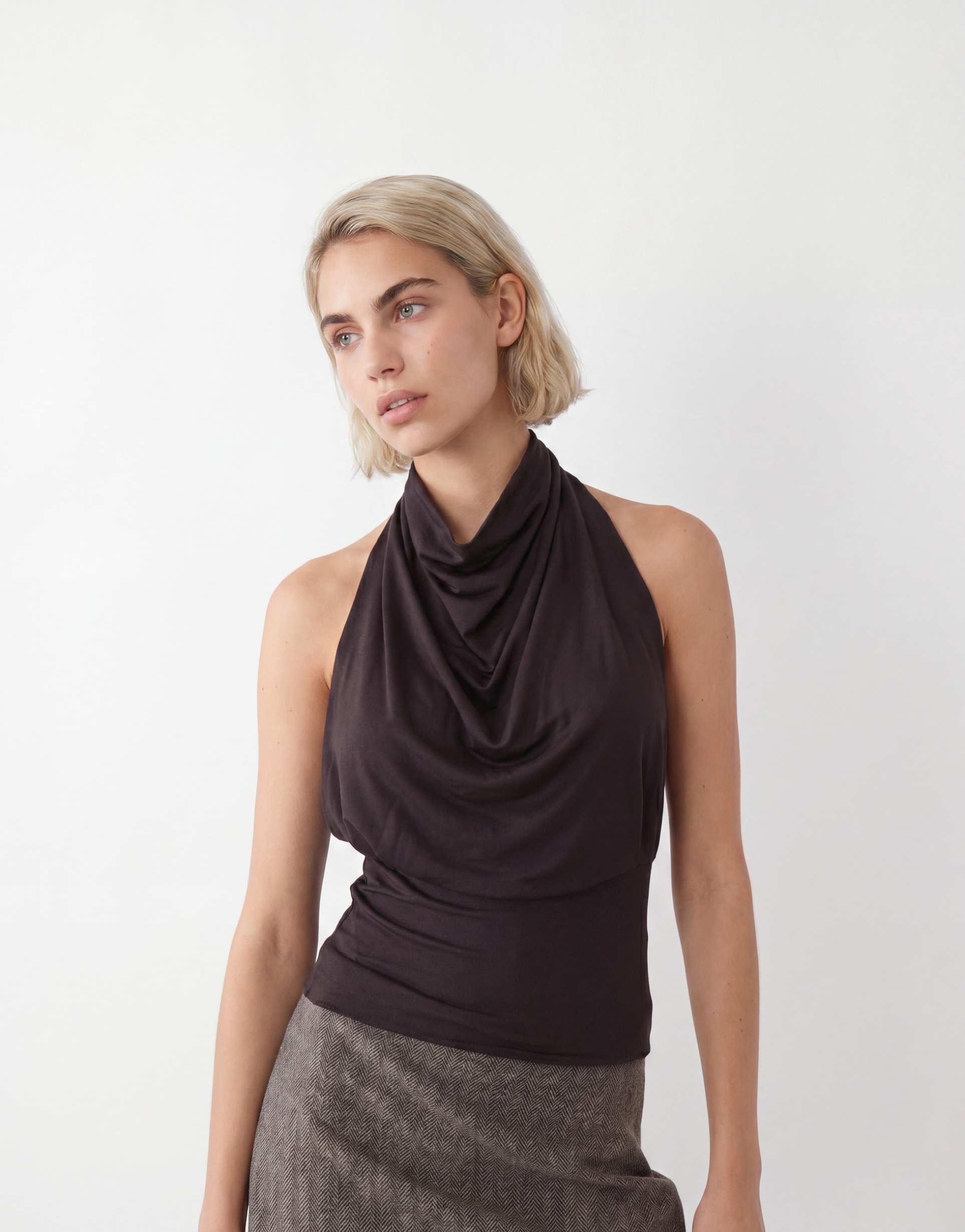 weekday draped halter neck top with cinched waist detail in dark brown