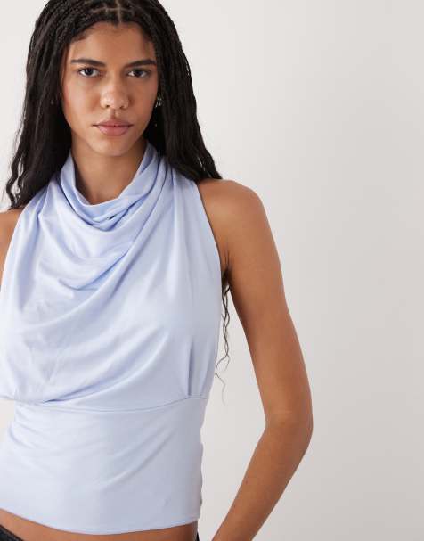 Weekday draped halter neck top with cinched waist detail in light blue - view 1