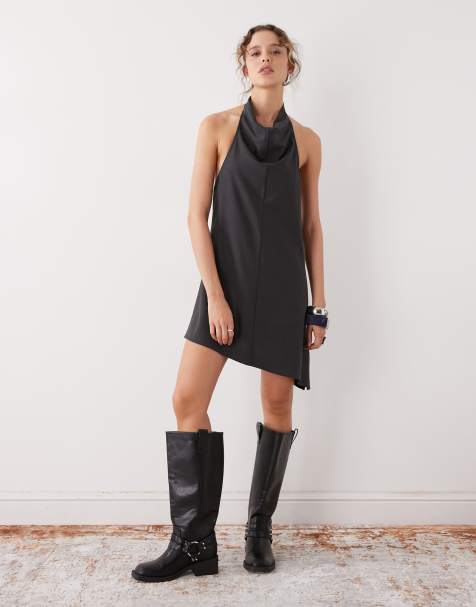 Weekday – Drapiertes Neckholder-Minikleid in Schwarz mit Nadelstreifen und tiefem Rückenausschnitt - view 1
