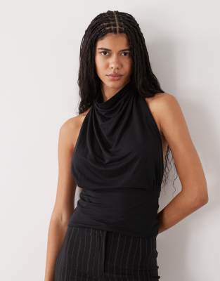 Weekday - Drapiertes Neckholder-Oberteil in Schwarz mit geraffter Taille