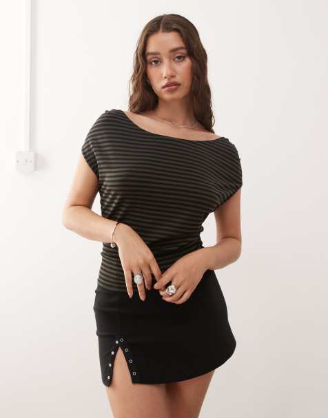 Weekday drape front hooded top in khaki & black stripe