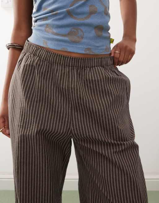 Weekday drawstring cotton wide leg pants in brown stripe | ASOS