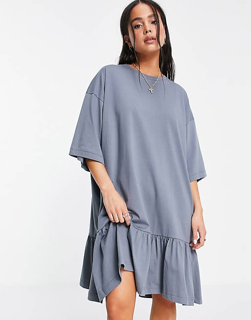 Weekday Dreamy cotton drop hem t-shirt dress in washed blue - MBLUE