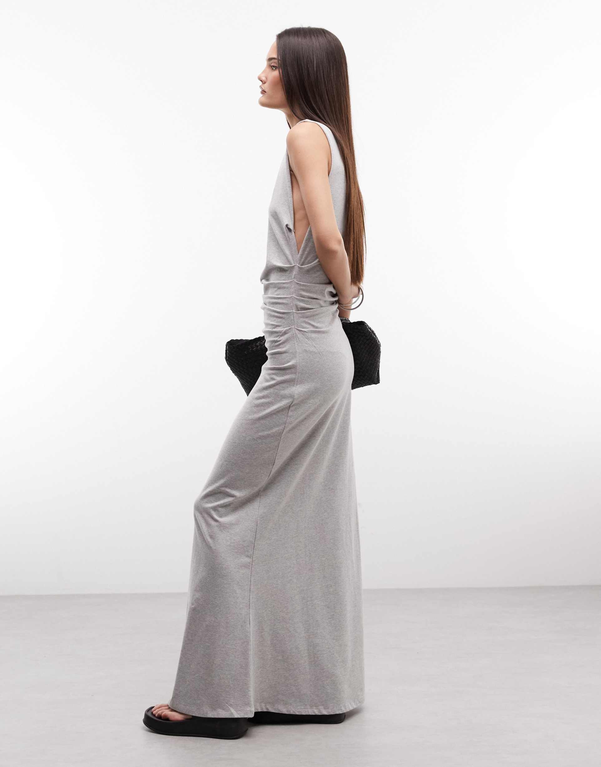 weekday dropped armhole maxi dress with ruched detail in gray melange