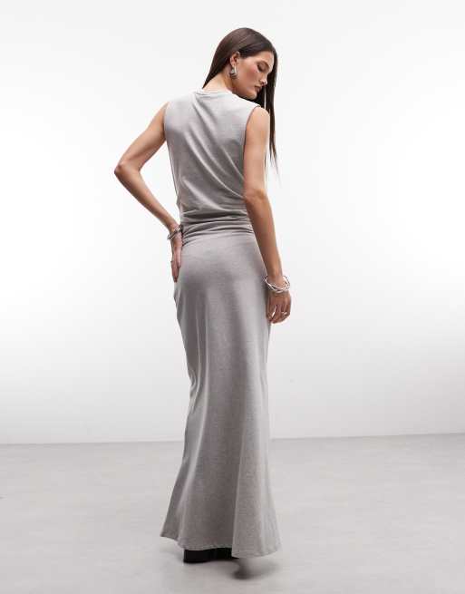 Weekday dropped armhole maxi dress with ruched detail in gray melange, 3 of 4