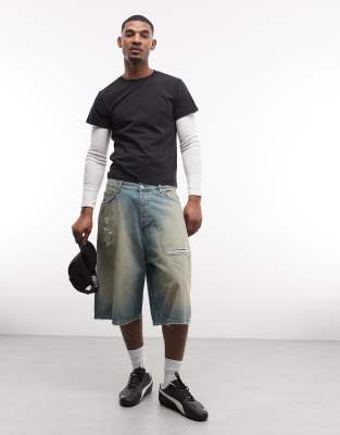 Weekday Dropped Crotch Distressed Jorts In Blue