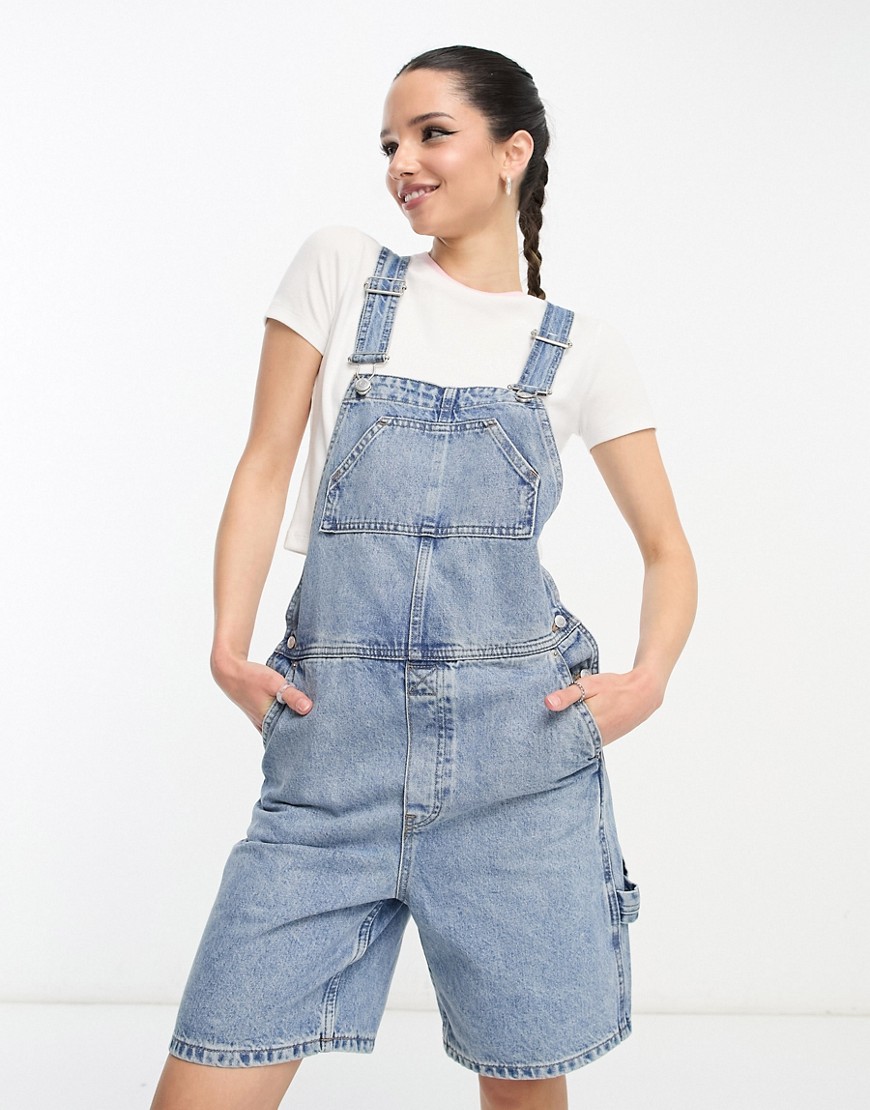 Weekday Dusty dungaree shorts in light pen blue